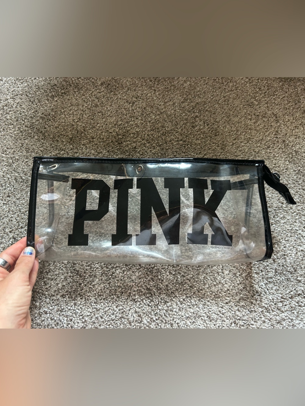 Vintage PINK Victoria's Secret Clear Cosmetic Bag with Black Trim